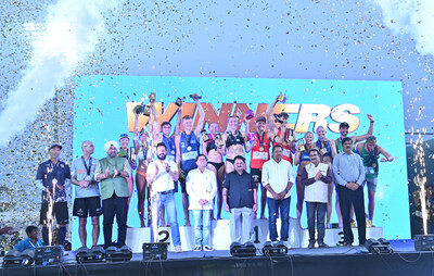 Jubilant winners of the FIVB Beach Pro Tour Challenge 2026 pose with KIIT and KISS Founder Dr. Achyuta Samanta (fifth from left, front row).