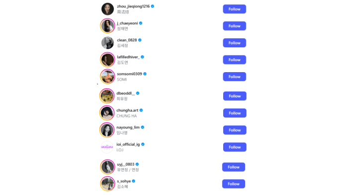 Capture of the following list and members from I.O.I official Instagram