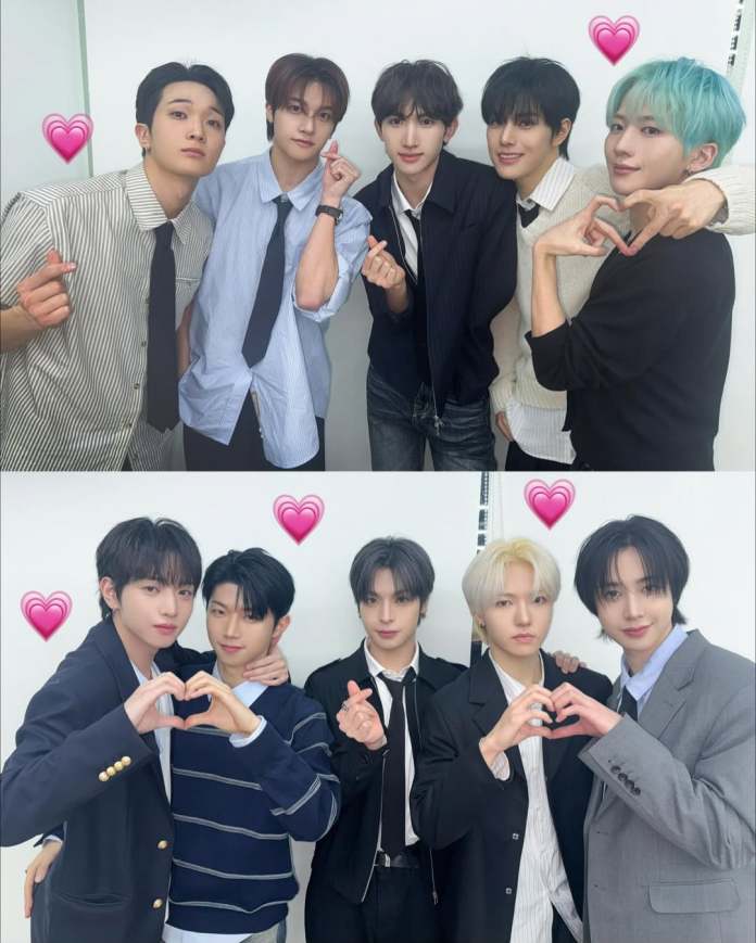 xikers members on the top row features three members making heart shapes and the bottom row shows three more members forming a heart as well.