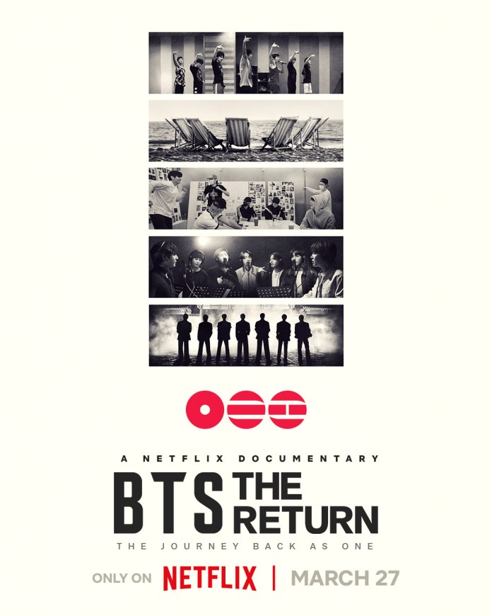 Promotional poster for the Netflix documentary 'BTS: The Return', featuring a collage of images related to the band BTS, with the title and release date.