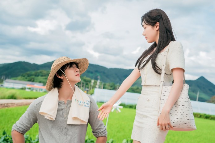 Ahn Hyo Seop wearing a straw hat and casual clothing looks up at a young woman in a stylish outfit, who is reaching out her hand. They are in a grassy field with mountains in the background.