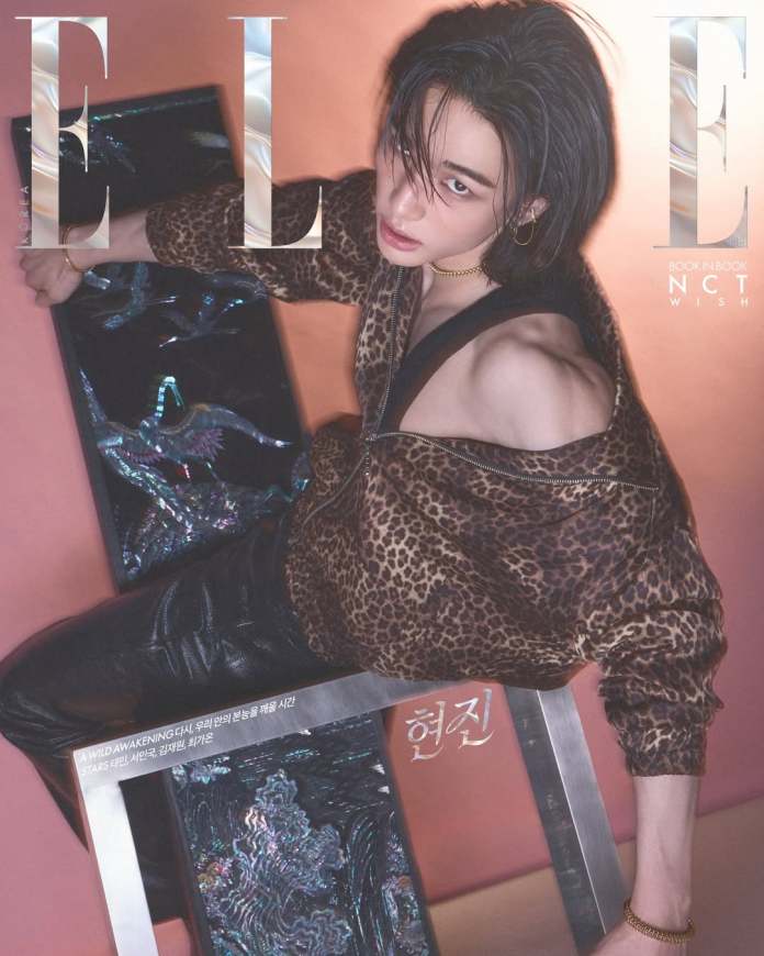 Hyunjin  with shoulder-length hair wearing a leopard print jacket poses in front of a reflective surface, with an artistic background. The image features the magazine title 'ELLE' prominently displayed.