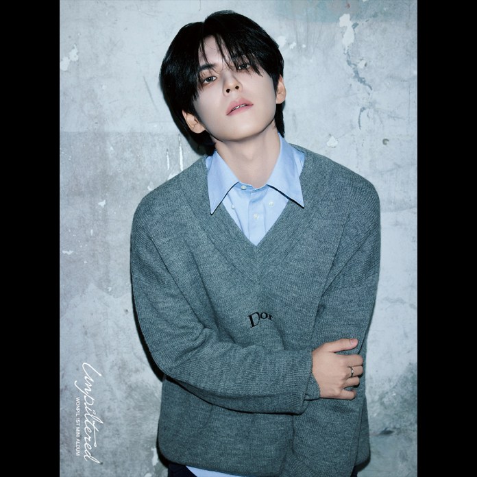 Wonpil poses against a concrete wall, wearing a gray sweater over a light blue shirt, with a serious expression.