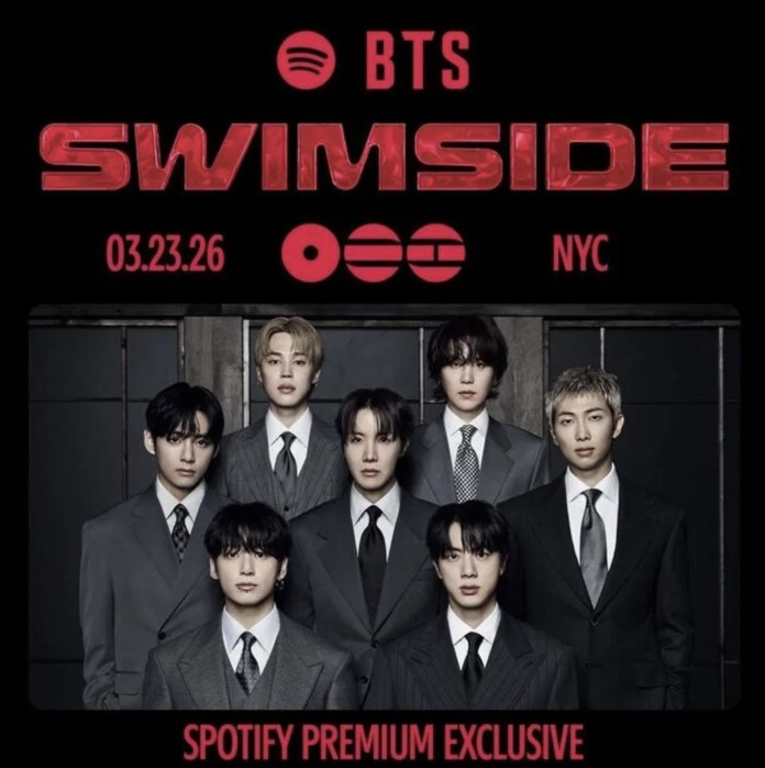 Promotional image for BTS Swimside event, featuring the band members in formal suits against a dark background. Text includes 'BTS', 'SWIMSIDE', '03.23.26', 'NYC', and 'SPOTIFY PREMIUM EXCLUSIVE'.