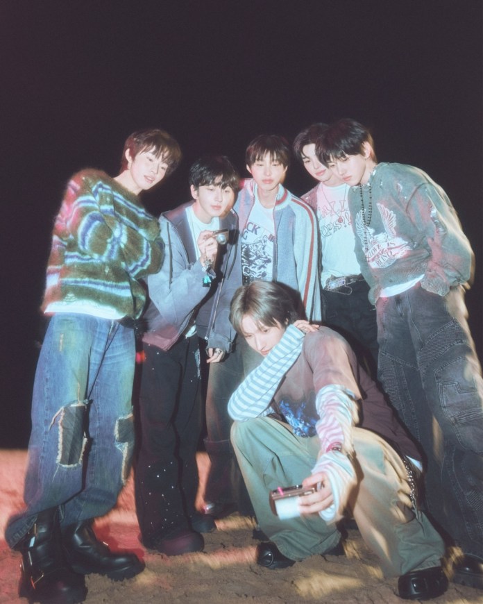 KickFlip posing together in a casual outdoor setting at night, dressed in trendy outfits with vibrant colors and different styles.