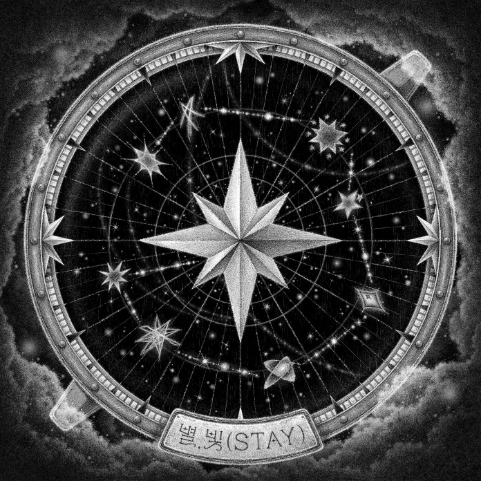 A detailed illustration of a compass surrounded by stars, with a central eight-pointed star and the word 'STAY' in Korean at the bottom.
