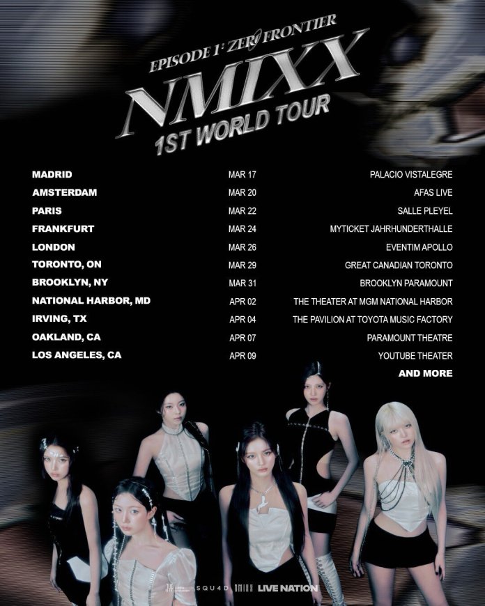 Promotional poster for NMIXX's 1st World Tour titled 'Episode 1: Zero Frontier', featuring tour dates and locations across Europe and North America.