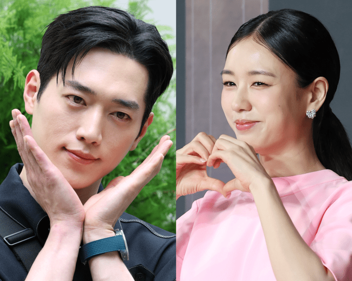 Seo Kang-joon on the left poses with his hands in a playful gesture, set against a green background. Ahn Eun-jin on the right smiles and forms a heart shape with her hands, wearing a pink top.