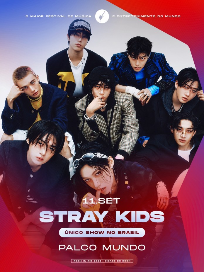 Promotional image for Stray Kids' concert in Brazil, featuring the band members posing together, with a colorful background and event details.