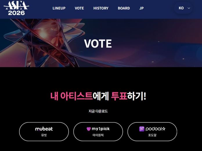 Promotional image for the ASEA 2026 vote with a colorful abstract background featuring the word 'VOTE' and instructions to vote for an artist, along with download buttons for apps 'mubeat', 'my1pick', and 'podolal'.