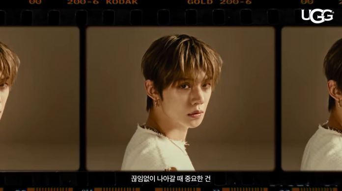 Yeonjun with short, tousled hair looks thoughtfully at the camera, framed in three separate shots against a neutral background. The individual wears a light sweater and has ear jewelry, conveying a stylish appearance.