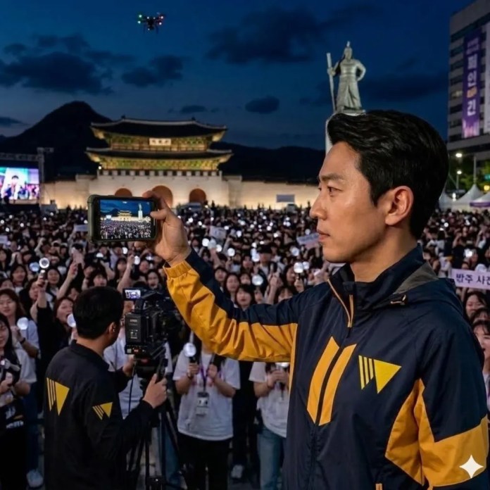 A man in a navy and yellow jacket holds a smartphone up to capture a large crowd of people holding light sticks at an outdoor event in front of a historic building during the evening.