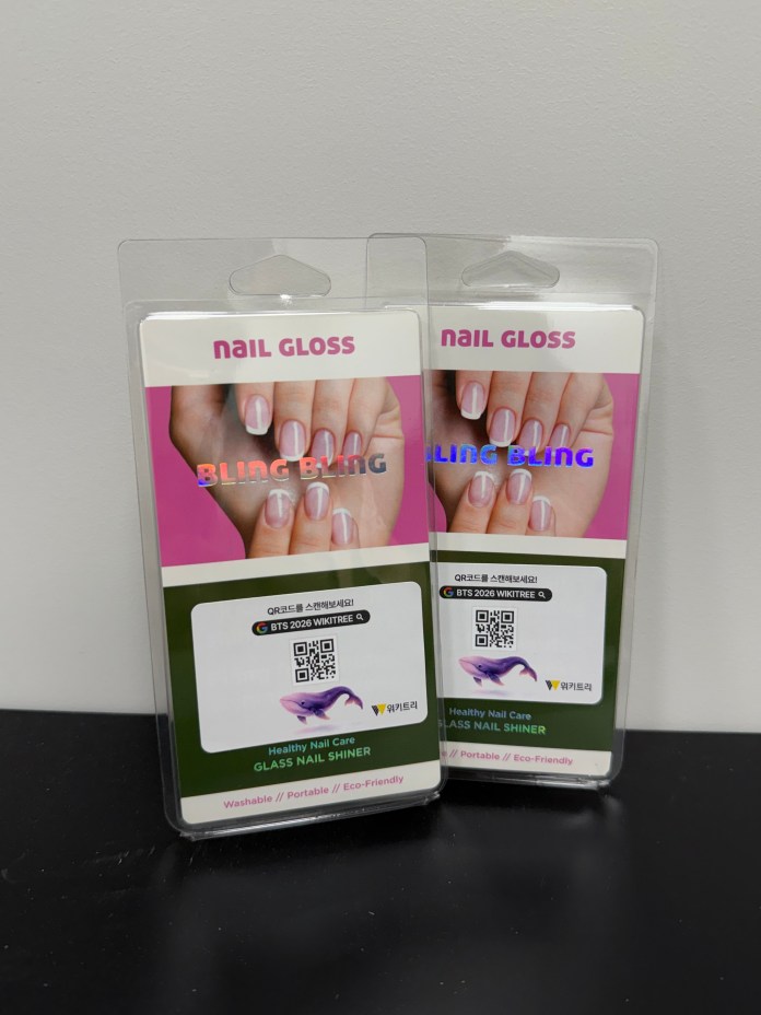 Two packages of nail gloss featuring a glossy finish, labeled 'Bling Bling' with images of manicured hands and details about the product including QR codes.
