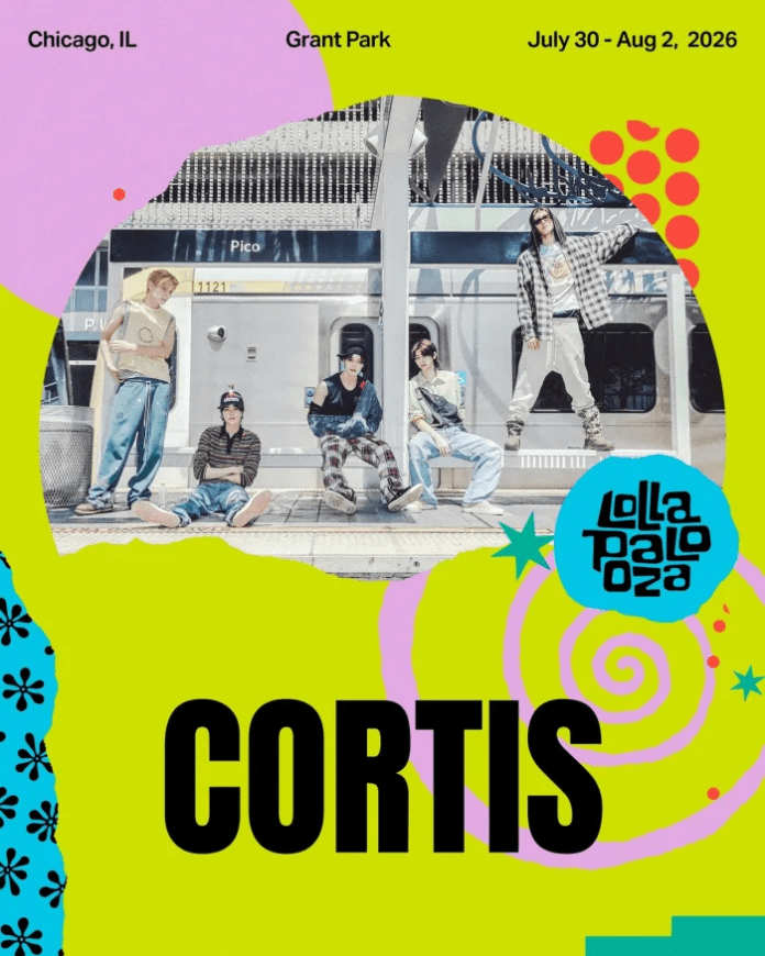Promotional image for the Lollapalooza music festival featuring the name 'CORTIS' in bold. The background includes vibrant colors and graphic elements, with a group of five stylishly dressed individuals posed in front of a train platform.