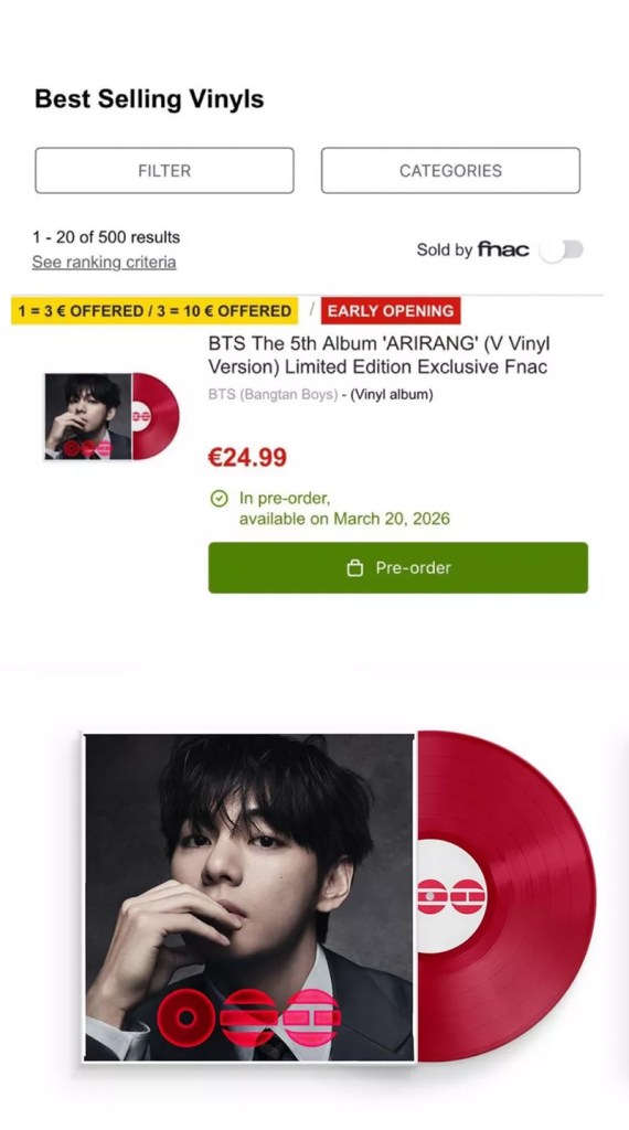 Image of a vinyl album titled 'ARIRANG' by BTS, featuring a red vinyl record next to the album cover showing a male artist in a suit.