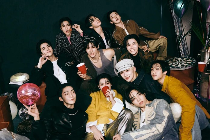 The boyz in a casual setting, featuring a mix of clothing styles and accessories, with some holding red cups and a disco ball.