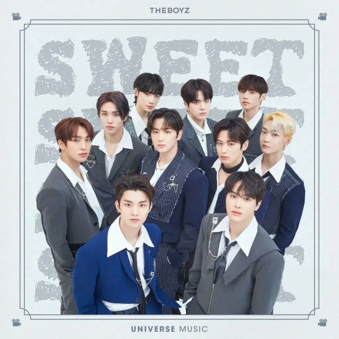 A group photo of the K-pop boy band THE BOYZ, featuring ten members dressed in stylish outfits. The background includes the words 'SWEET' in a playful font, along with the text 'UNIVERSE MUSIC' at the bottom.