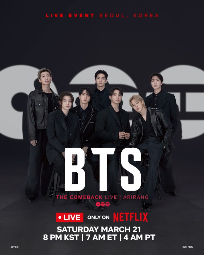 BTS group portrait promoting their live event in Seoul, Korea, scheduled for March 21, featuring the words 'THE COMEBACK LIVE | ARIRANG' and details about streaming on Netflix.