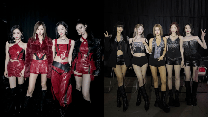 Aespa wearing red outfits with leather elements, posing in front of a black background. I-dle posing in sparkling outfits. 