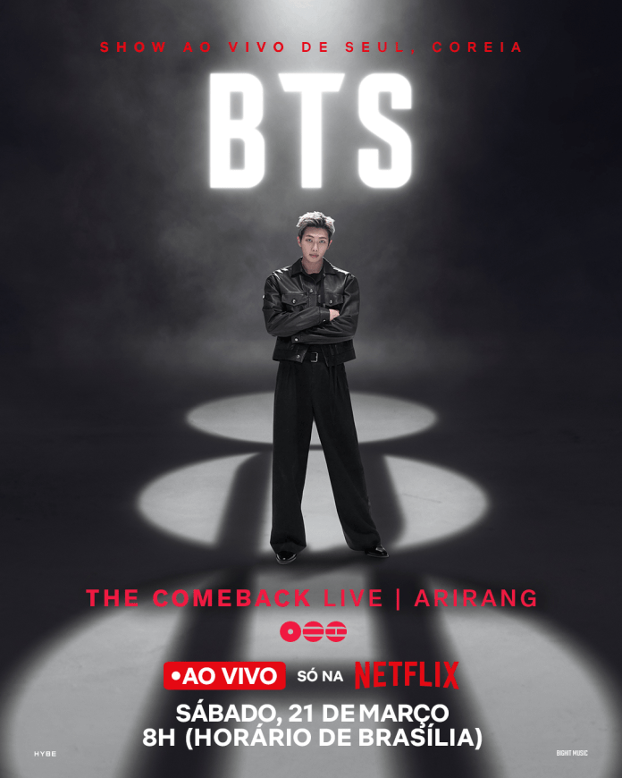 Promotional poster for BTS's live comeback concert on Netflix, featuring a RM in a stylish black outfit against a dark background with dramatic lighting.
