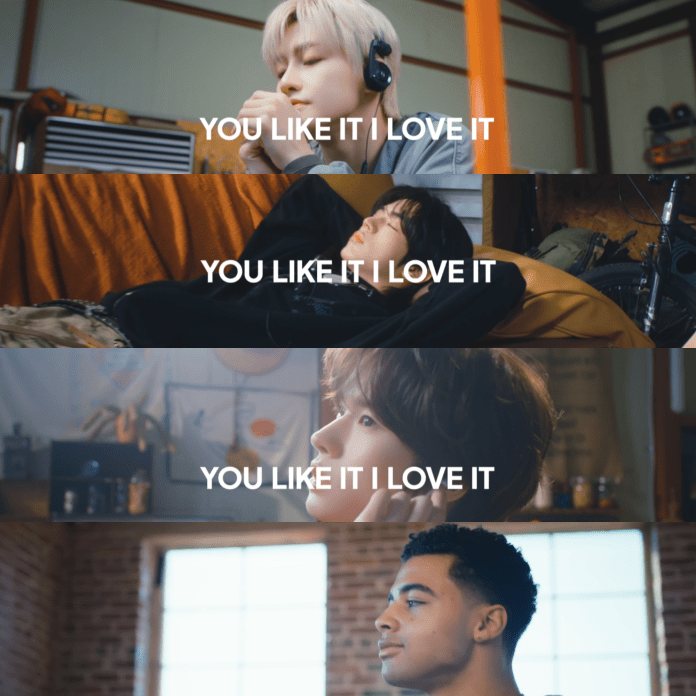 TWS members  Dohoon, Jihoon, and Kyungmin enjoying different moments while the text 'YOU LIKE IT I LOVE IT' is prominently displayed in the center of the image. 