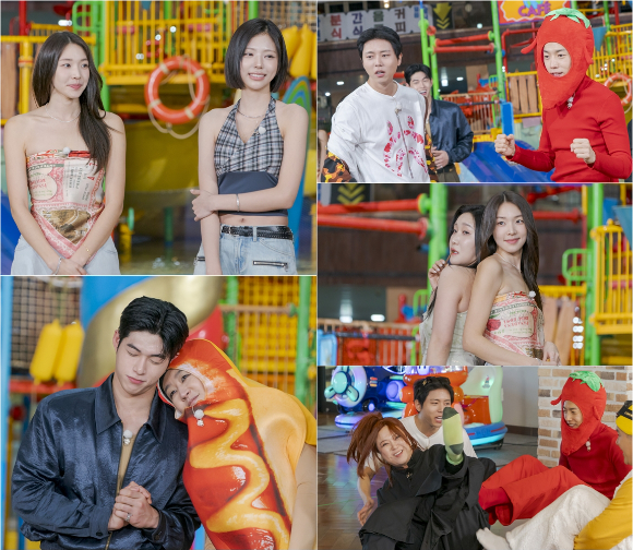 A collage featuring Single Inferno cast with multiple characters interacting in a colorful indoor play area. The upper left shows two women standing side by side, the upper right features surprised looking individuals, and the lower half includes playful poses between a man and a woman dressed in food costumes.