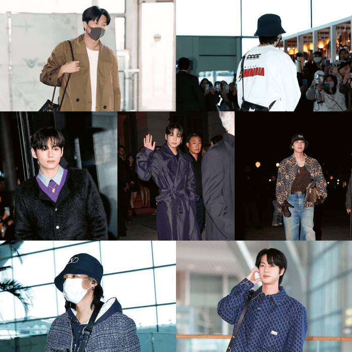 Top left RM wearing a mask and a brown coat carrying a bag, walking through an entrance. Top right Jimin is wearing a black hat and white shirt and is facing fans. Left center V is posing for press in a black sweater. Center Jungkook is waving at the public. Center right J-hope wearing a brown top and a hat is walking. Bottom left SUGA is wearing a mask and a cap and is walking in the airport. Bottom right Jin is wearing a blue outfit and is posing for press making a cheek heart.