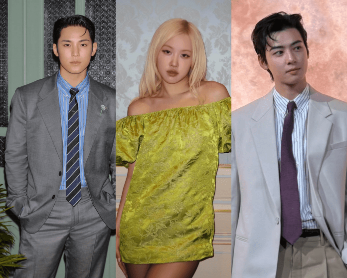 Mingyu in a gray suit with a blue striped shirt and black tie stands on the left. Rosé wearing a stylish green dress is standing in the center. Cha Eun-woo wearing a grey suit and red tie is standing on the right.