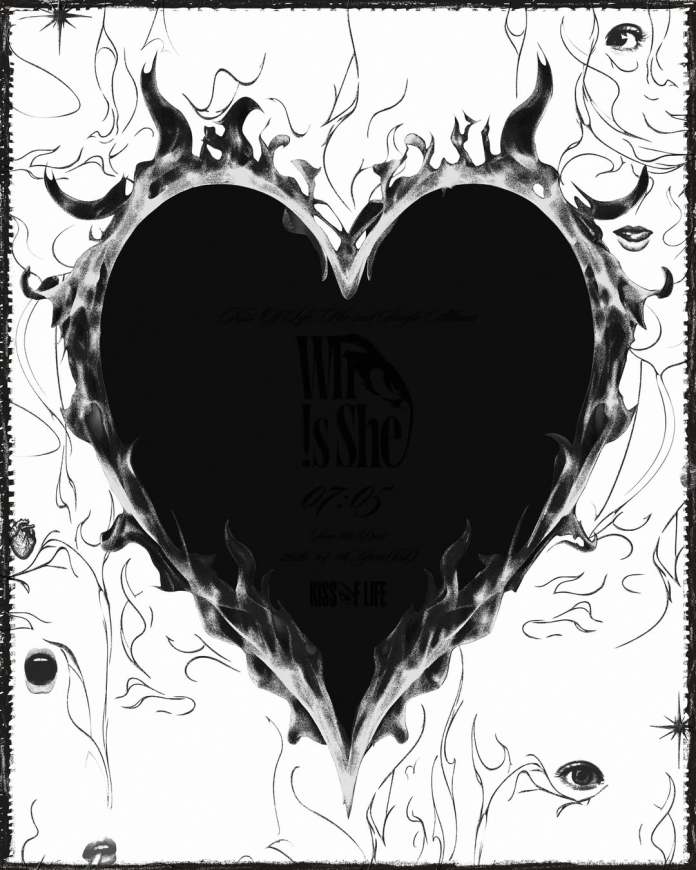 A graphic design featuring a black heart surrounded by flame-like edges, set against a white background with abstract line art, including stylized eyes and flowing hair.