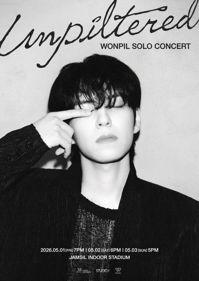 Promotional poster for Wonpil's solo concert titled 'Unpiltered.' The image features a close-up of Wonpil with dark hair and a stylish outfit, holding one finger to his eye. Concert details include dates and venue at Jamsil Indoor Stadium.