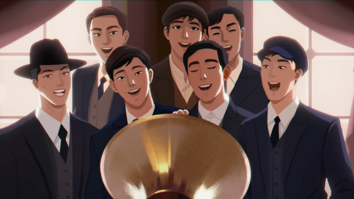 A group of seven animated young men in vintage clothing, smiling and singing together in front of a gramophone, set in a warmly lit room with curtains.