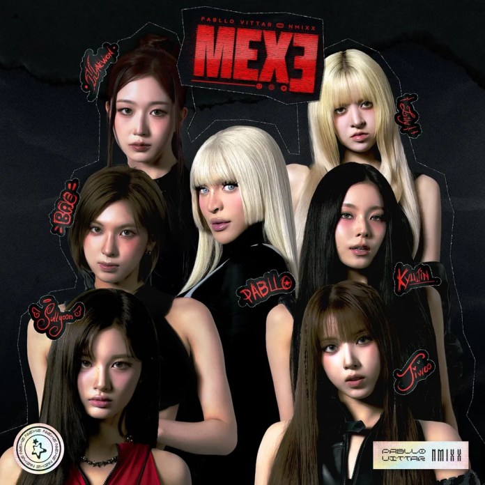 NMIXX posing together, featuring various hairstyles and outfits, with textual elements and graphics labeled with names. The background is dark, and the overall aesthetic is bold and artistic.