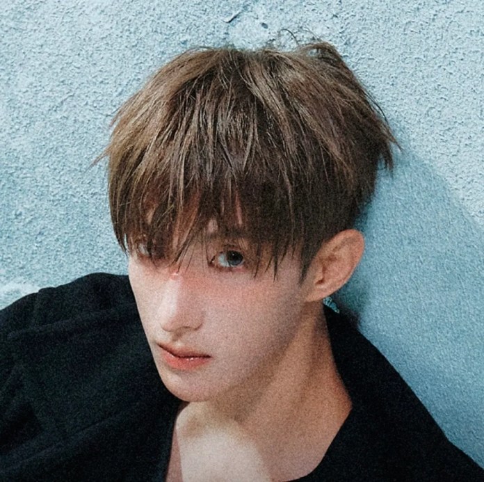 Close-up portrait of SEVENTEEN’s DK with tousled brown hair and a serious expression against a textured blue background.