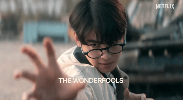 Cha Eun-woo with glasses extends his hand towards the viewer, wearing a light-colored jacket, with a backdrop of an outdoor setting and the title 'THE WONDERFOOLS' displayed prominently.