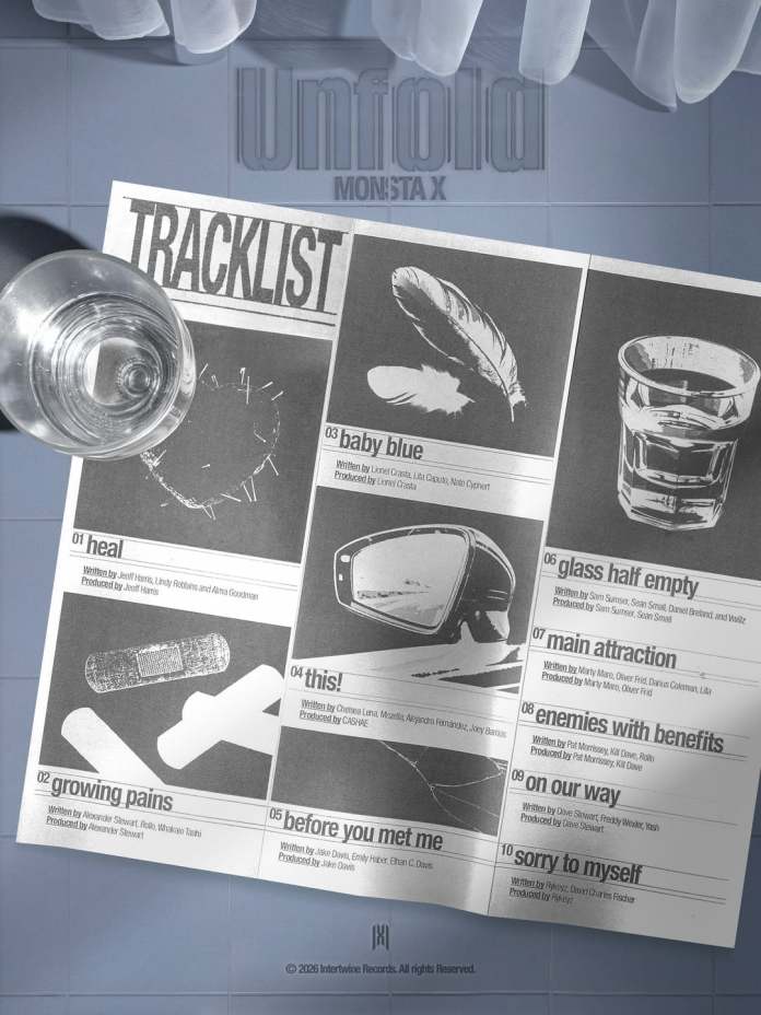 Tracklist for the album 'Unfold' by Monsta X, featuring song titles and credits.