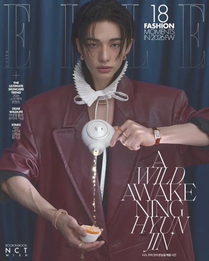 Magazine cover featuring Hyunjin with long hair in a stylish outfit, pouring tea from a teapot into a small cup, surrounded by elegant styling and text.