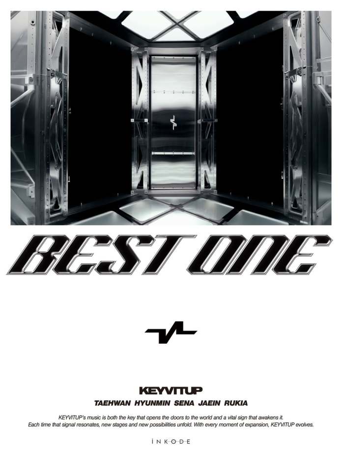 A promotional poster for 'KEYVITUP' featuring the title 'BEST ONE' in bold letters, with a modern design showcasing a metallic elevator-like structure and branded elements.