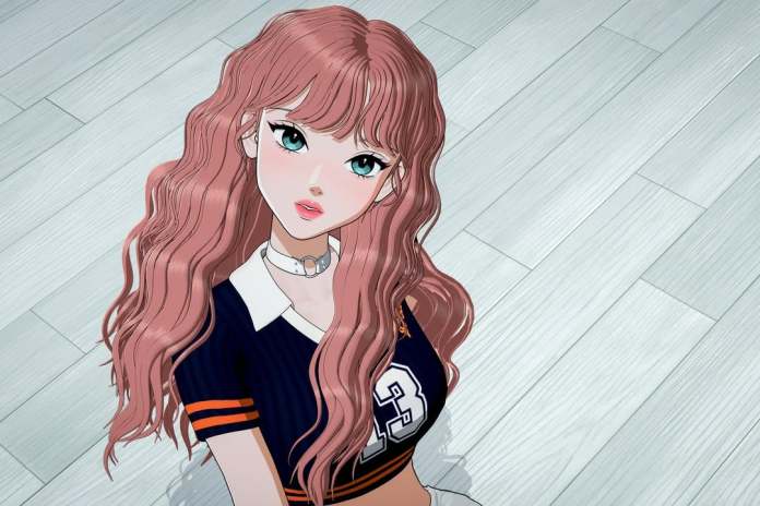 An anime-style illustration of Yuni with long, wavy pink hair, wearing a navy blue shirt with orange stripes and the number 23, seated on a light wooden floor.