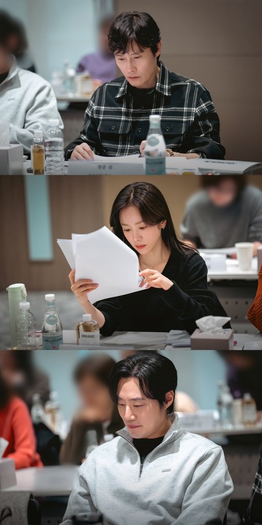 A collage of three scenes featuring Lee Byung-hun during a script reading session. The first image shows a man in a plaid shirt focused on his notes. The second image features a woman in a black sweater reading from a script. The third image depicts another man in a gray zip-up sweatshirt, also looking down, engaged in the activity.