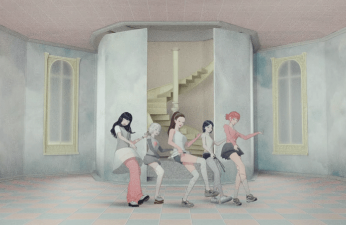 OWIS dancing in a pastel-colored room with a staircase in the background.