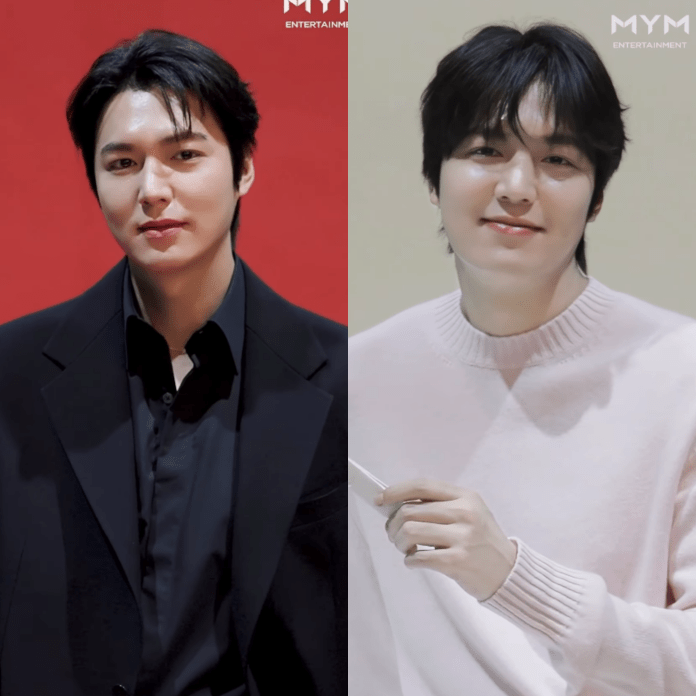 A split image featuring Lee Minho on the left dressed in a black suit against a red background, and on the right, Lee Minho smiling while wearing a pink sweater in a light-colored setting.
