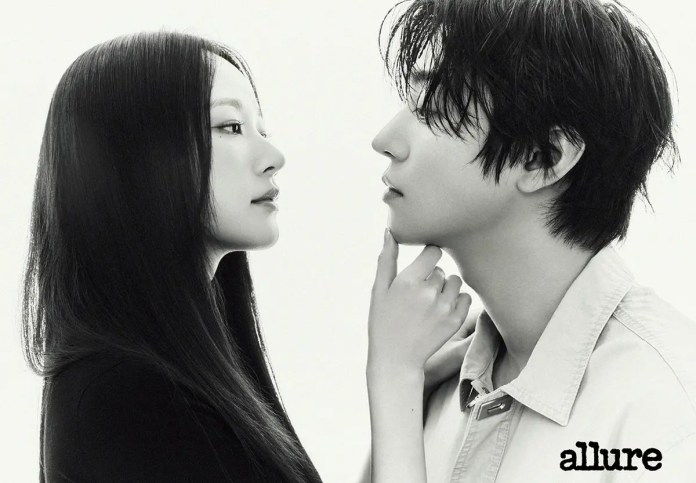 Ahn Hyo Seop in allure Korea gazing at each other, captured in black and white. The woman has long hair and is wearing a black top, while the man has tousled hair and is dressed in a light-colored shirt. The composition emphasizes their facial features and expressions.