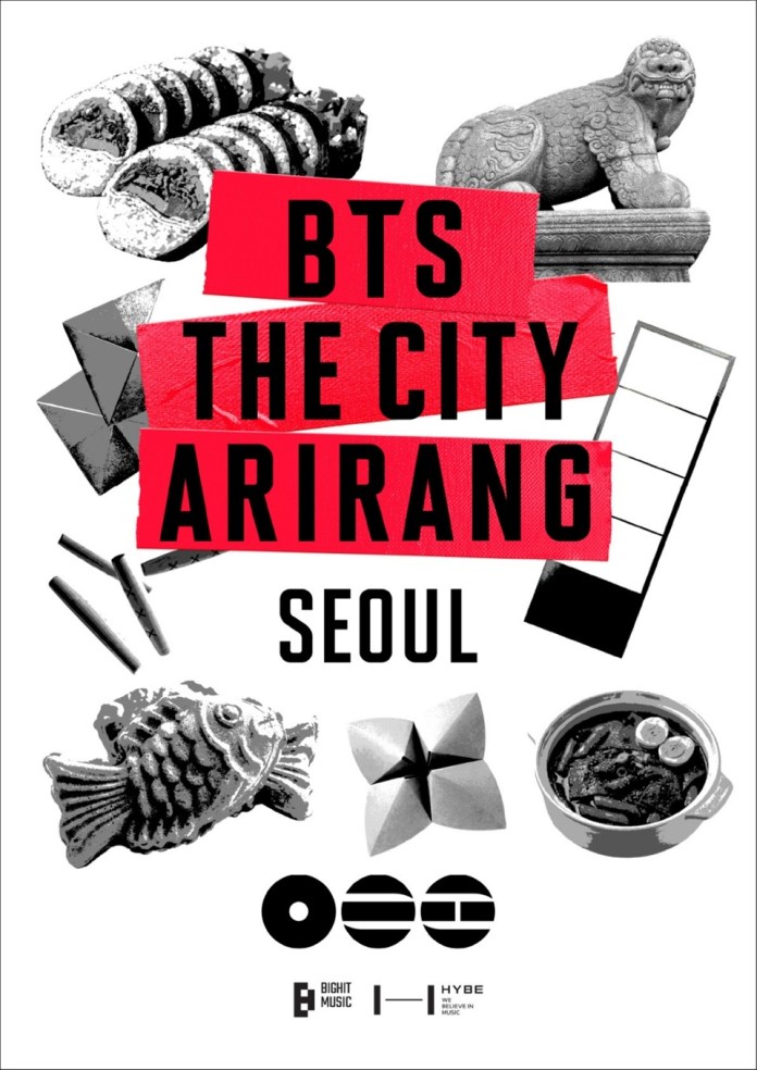 Promotional image for BTS: The City Arirang event in Seoul, featuring cultural items like traditional snacks and artifacts.