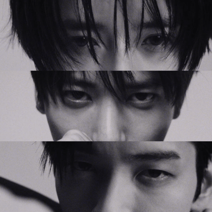 A black and white close-up image showing Beomgyu, Taehyun and Soobin's portraits with intense eyes and tousled hair.