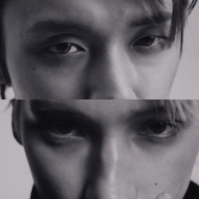 Close-up black and white image ofYeonjun and HueningKai's eyes, showcasing their facial features and expressions.