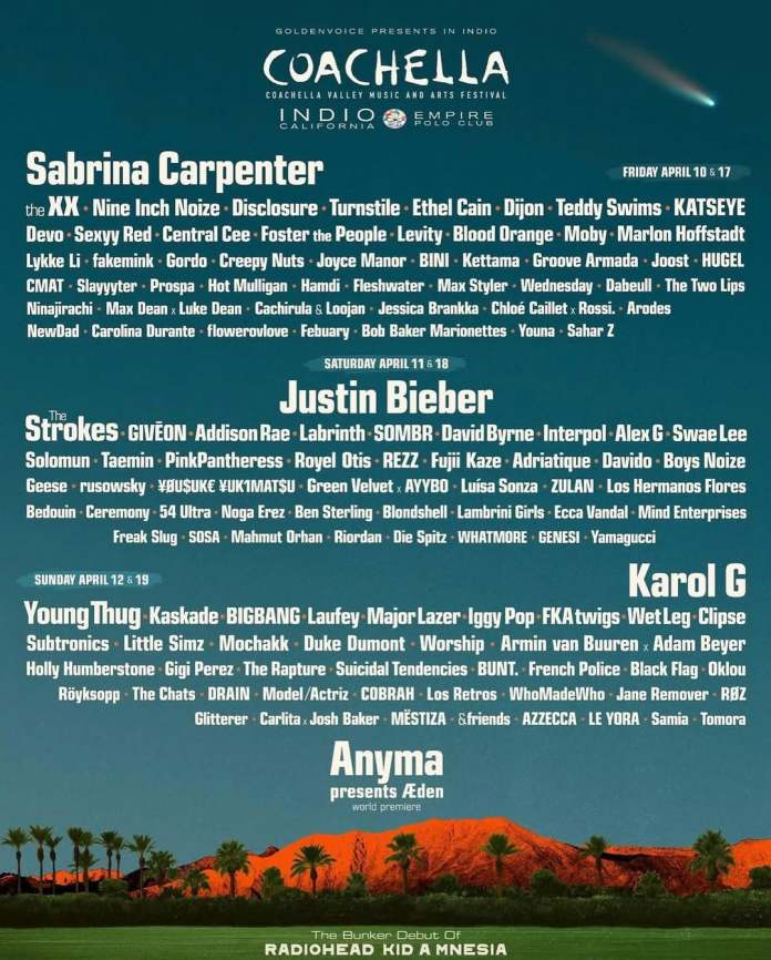 Coachella 2026 festival lineup poster featuring artists like Sabrina Carpenter, Justin Bieber, Young Thug, and Karol G, with dates and location details.