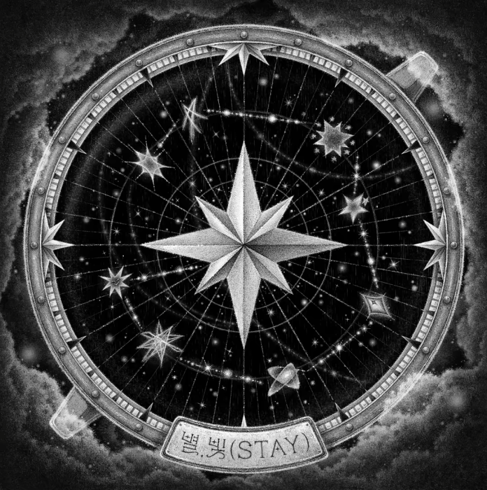 A black and white illustration of a compass design featuring a prominent star at the center, surrounded by various smaller stars and celestial elements, with the word '별 빛 (STAY)' at the bottom.