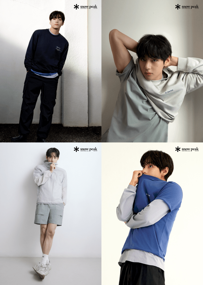 V posing in casual athleticwear: left image features him wearing a dark sweatshirt and black pants; right image shows him in a light gray t-shirt with an understated logo.