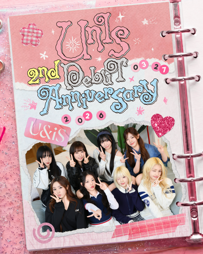 A colorful scrapbook page celebrating the 2nd debut anniversary of the group UNIS, featuring a collage of nine members posing together in casual outfits, making peace signs and smiling.