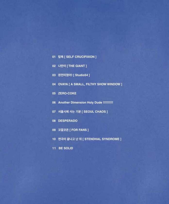 A blue background featuring a list of titles in both English and Korean, representing songs of T.O.P's new album ANOTHER DIMENSION.